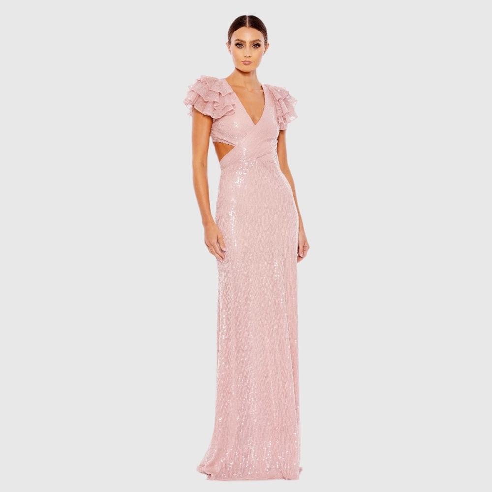 Mac Duggal Pink Sequin Ruffle Sleeve Maxi Gown
